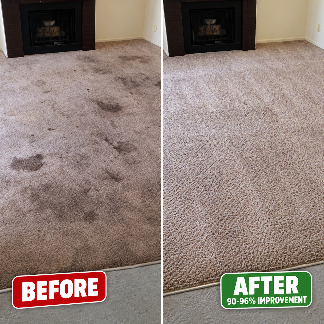Before and after carpet cleaning result in a living room